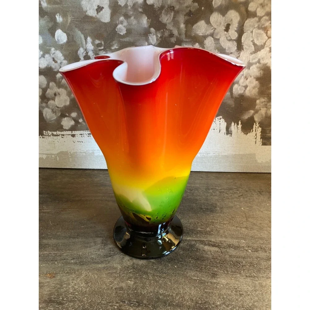 Art Glass Ruffled Handkerchief Vase‎ Rainbow Red Orange Yellow Green 12 Inch MCM